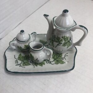 Miniature Porcelain Vintage Tea Set Tray Tea Kettle Sugar and‎ Creamer Bowl